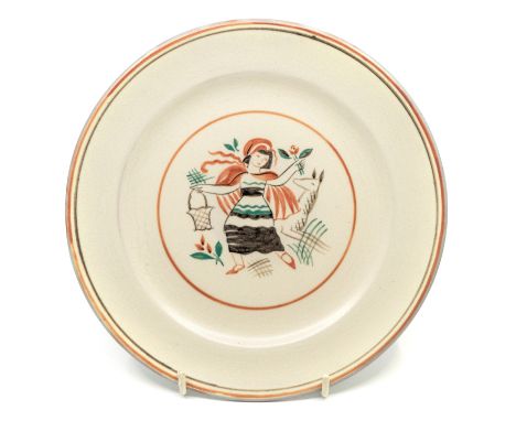 A Poole Pottery plate designed by Truda Adams, depicting a lady to centre, green bordered back with beige centre stamped Pool