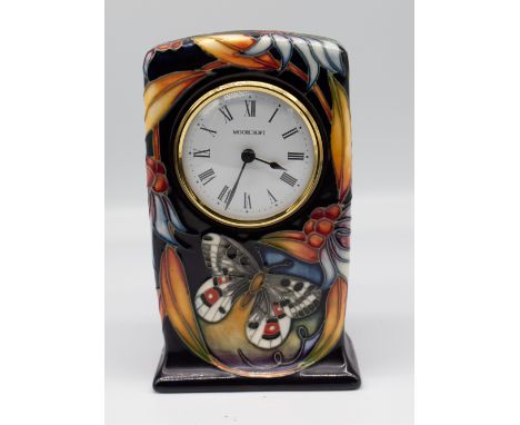 Moorcroft Pottery - an 'Apollo' patterned mantel clock, impressed marks to base, designed by Sian Leeper and dated 2005, appr