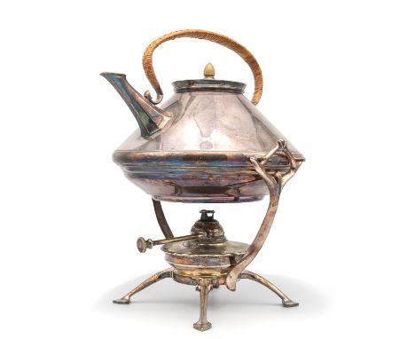 W.A.S. Benson - An Art Nouveau silver plated spirit kettle on stand, with burner, having simple stylised design and angular s