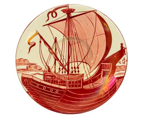 A William de Morgan (1839-1917) Galleon plate painted in ruby lustre on white ground, the reverse with stylised foliage, unsi