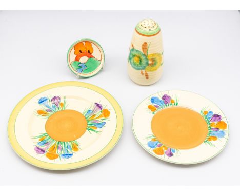Clarice Cliff - a Poplar patterned pin tray (Newport Pottery), a Crocus pattern tea plate (Royal Staffordshire) and a Wilkins