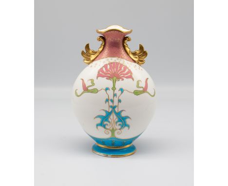 A Minton twin handled vase with bright raised enamels in the manner of Dr Christopher Dresser. Circa 1900 Height 15.5cm. Cond