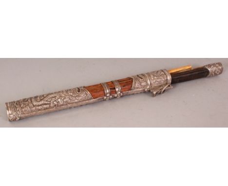 A CHINESE OR TIBETAN SILVER-METAL MOUNTED TRAVELLING KNIFE & CHOPSTICKS SET, together with a perspex display case, the chopst
