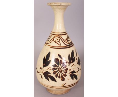 A CHINESE SONG/YUAN DYNASTY CIZHOU YUHUCHUNPING CERAMIC VASE, the sides painted in brown on a white slip with floral sprays b