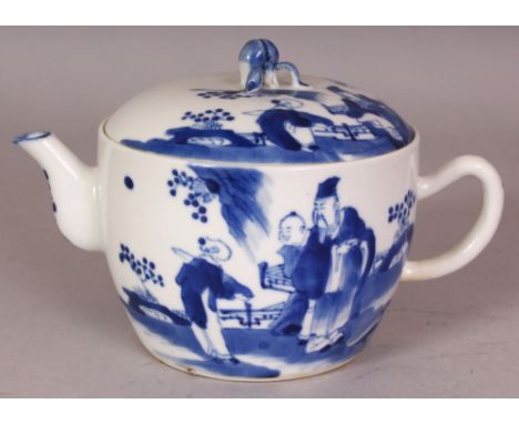 A 19TH CENTURY CHINESE BLUE & WHITE PORCELAIN TEAPOT & COVER, painted with scenes of a sage and boy attendant, the domed cove