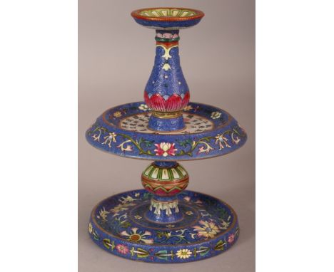 A FINE QUALITY CHINESE BLUE GROUND FAMILLE ROSE PORCELAIN CANDLESTICK, or joss stick holder, the drip pan decorated with call