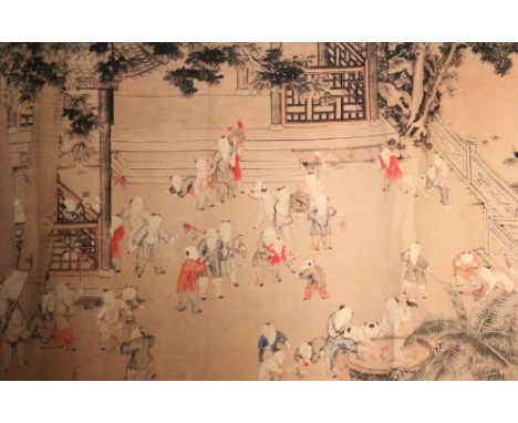 A LONG CHINESE HORIZONTAL SCROLL PICTURE ON PAPER, with two panels of calligraphy and a central panel of a multitude of child