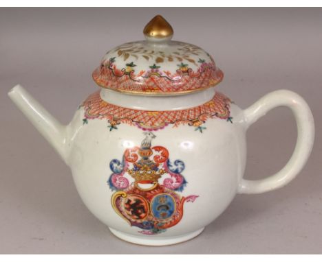 AN 18TH CENTURY CHINESE FAMILLE ROSE ARMORIAL PORCELAIN TEAPOT & COVER, each side painted with an elaborate coat-of-arms inco