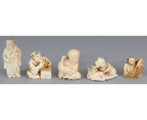 A GROUP OF EARLY 20TH CENTURY JAPANESE IVORY & MARINE IVORY NETSUKE & OKIMONO, four signed, the widest 1.5in wide, the talles
