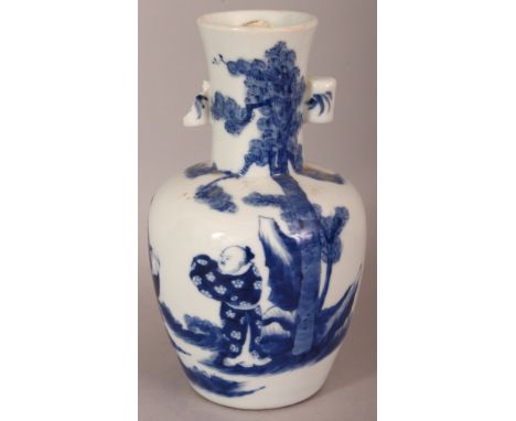 ANOTHER 19TH CENTURY CHINESE BLUE & WHITE PORCELAIN ARROW VASE, painted with calligraphy and with a sage and boys in a garden