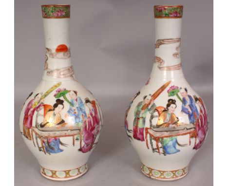 A GOOD PAIR OF 19TH CENTURY CHINESE CANTON PORCELAIN BOTTLE VASES, each painted with a continuous scene of ladies engaged in 