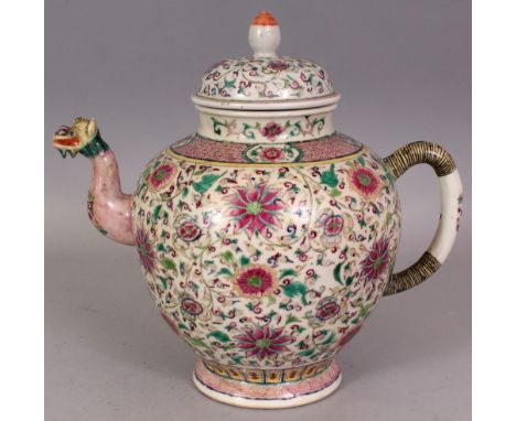 A LARGE GOOD QUALITY 19TH CENTURY CHINESE FAMILLE ROSE-VERTE PORCELAIN EWER & COVER, the sides well painted between formal bo