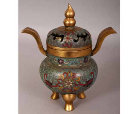 A 20TH CENTURY CHINESE CLOISONNE TRIPOD CENSER & COVER, decorated with formal foliage reserved on a turquoise ground, the cov