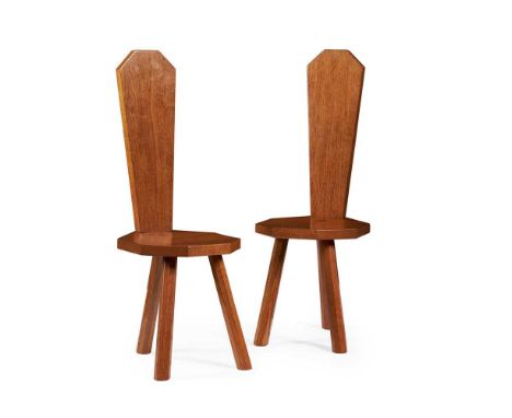 ROBERT ‘MOUSEMAN’ THOMPSON (1876-1955) PAIR OF SPINNING STOOLS, CIRCA 1980 oak, each with carved mouse signature Dimensions:3