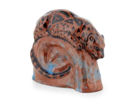 STELLA R. CROFTS (1898-1964) FIGURE OF A CLOUDED LEOPARD, CIRCA 1925 glazed terracotta, incised STELLA R. CROFTS, painted DEE