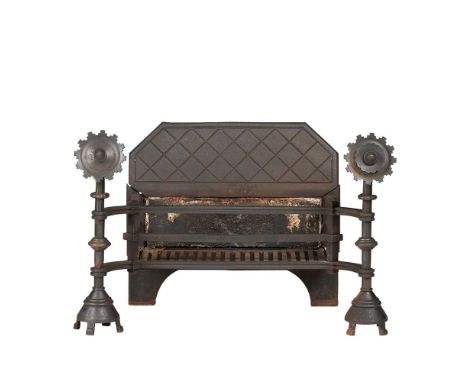 ENGLISH, MANNER OF WILLIAM BURGES GOTHIC REVIVAL FIRE GRATE, CIRCA 1860 cast iron and ceramic fire brickDimensions:86cm wide,