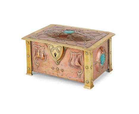 MCVITIE &amp; PRICE BISCUIT BOX, CIRCA 1910 brass and copper, with Ruskin ceramic roundels, stamped MCVITIE &amp; PRICE/ LOND