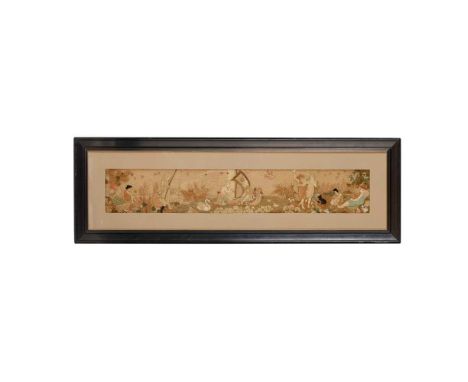 MANNER OF WALTER CRANE EMBROIDERED PANEL, CIRCA 1910 coloured silks and wool on a lace ground, later framed and mountedDimens