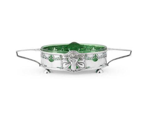 KATE HARRIS (1878-1949) FOR R. H. HALFORD &amp; SONS TWIN-HANDLED DISH, LONDON 1900 silver, with green glass liner, hallmarke
