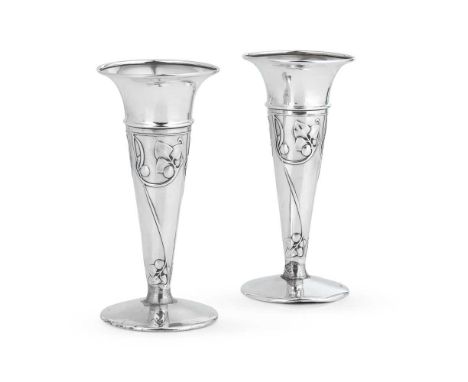 ARCHIBALD KNOX (1864-1933) FOR LIBERTY & CO., LONDON PAIR OF FLOWER VASES, BIRMINGHAM 1909  silver, stamped marks for W. H. H