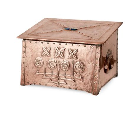 SCOTTISH GLASGOW SCHOOL LOG BOX, CIRCA 1900 repoussé-decorated copper with glazed ceramic panelDimensions:42.5cm wide, 27.5cm