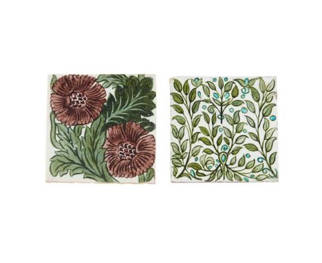 WILLIAM DE MORGAN (1839-1917) TWO 6-INCH TILES, CIRCA 1880 to include a DOUBLE CARNATION TILE, impressed Merton Abbey mark, 1