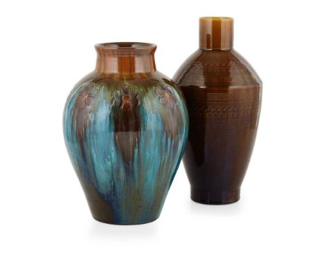 CHRISTOPHER DRESSER (1834-1904) FOR LINTHORPE ART POTTERY TWO VASES, CIRCA 1880 glazed earthenware, one with polychrome strea