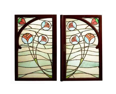 CONTINENTAL, MANNER OF KOLOMAN MOSER PAIR OF ART NOUVEAU CABINET DOORS, CIRCA 1910 stained and leaded glass, within pitch pin