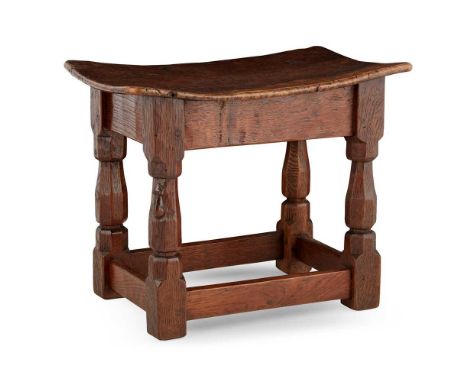 ROBERT ‘MOUSEMAN’ THOMPSON (1876-1955) STOOL, LATE 1920S-EARLY 1930S oak, with dense burr oak seat, turned on a lathe, with c