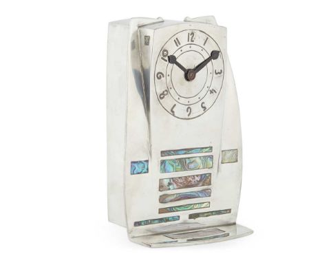 ARCHIBALD KNOX (1864-1933) FOR LIBERTY &amp; CO., LONDON  'TUDRIC' CLOCK, CIRCA 1900 pewter, inlaid with abalone shell, stamp