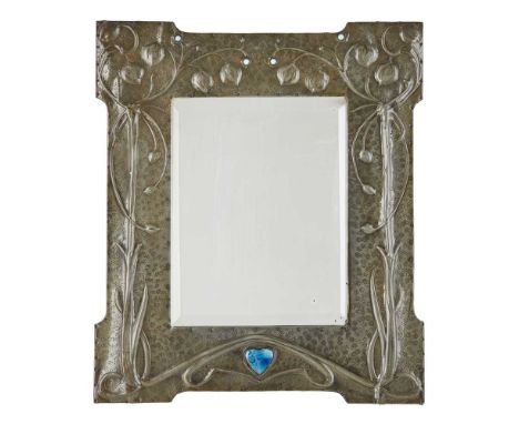 ENGLISH ARTS &amp; CRAFTS MIRROR, CIRCA 1900 pewter, set with Ruskin ceramic cabochon and glass cabochons, with mirror plateD