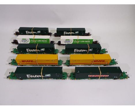 Bachmann - 5 x pairs of Intermodal Flat trucks with two containers on each including two # 37315 in black with Asda and Eucon