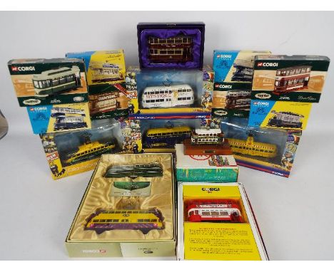 Corgi - 15 x boxed tram models in 1:76 scale including # limited edition OM44010 Blackpool Brush Railcoach in Metro Coastline