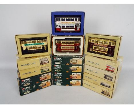 Corgi - 16 x boxed tram models in 1:76 scale including several code 3 models. # 97267 Grimsby double deck tram, # 97268 Londo