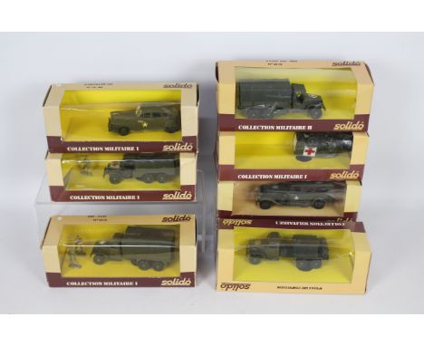 Solido - Seven boxed diecast military vehicles by Solido. Lot includes Solido #6036 GMC Tolee; #6043 Dodge WC54 Ambulance; #6