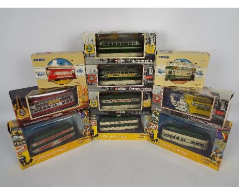 Corgi - 10 x boxed tram models in 1:76 scale including # 43509 Blackpool Balloon tram in 1990s livery, # limited edition 4350