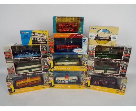 Corgi - 12 x boxed tram models in 1:76 scale including # limited edition OM44009 Blackpool Brush Railcoach in The Laughing Do