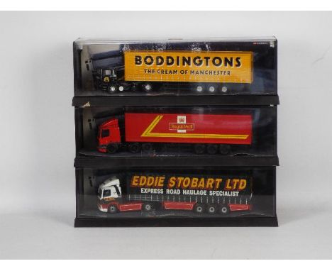 Corgi - A boxed trio of Corgi 1:50 scale 'Modern Trucks'. Lot contains #75202 ERF Curtainside 'Boddingtons'; #75502 Leyland D