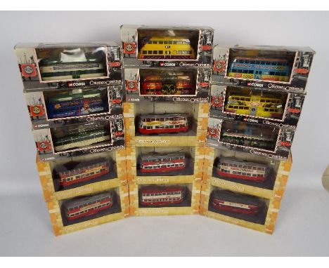 Corgi - 15 x boxed trams in 1:76 scale including # 44001 Brush Railcoach in original Blackpool livery, # OM43502 Blackpool Ba