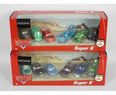 Mattel Disney Pixar Cars - Two boxed Disney Cars Super 6 sets. Both sets appear to be in Mint condition, housed in Excellent 