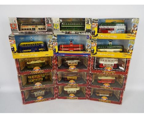 Corgi - 15 x boxed Tram models in 1:76 scale including # OM43512 Blackpool Balloon tram in Little Italy Pleasure Beach livery