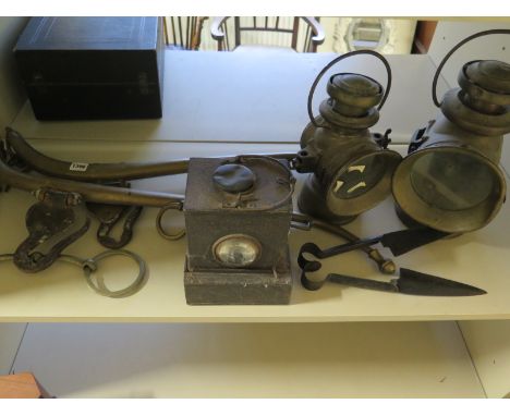 A King of the Road Lucas Lamp, another road lamp, an R,R, (M) lamp, a pair of horses haines, a bit and a pair of shears - in 