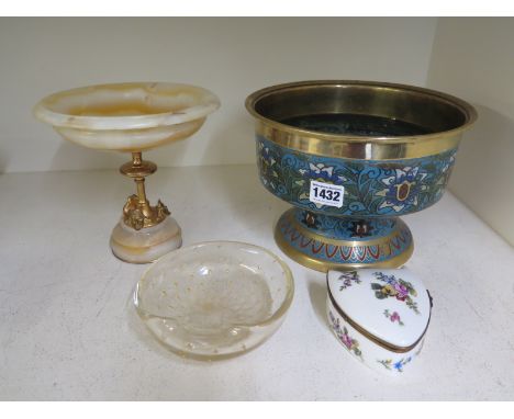 A circa 1900 French alabaster and gilt metal Tazza - Height 18cm x Diameter 18cm  and a circa 1950's Murano clear glass and g