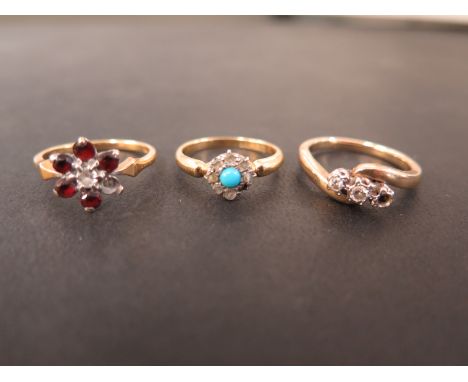 Three gem-set rings with stones deficient - To include a turquoise and diamond cluster, stamped 18, ring size K 1/2 - An 18ct