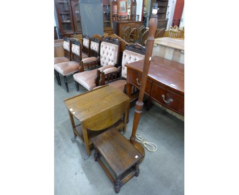 An oak trolley, a stool and a standard lamp 