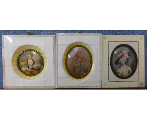 Three miniature French School watercolours, portrait of Lady Hamilton, another portrait and a still life, a small watercolour