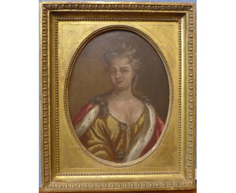 English School (18th Century), oval portrait of lady, possibly Queen Anne Stuart, oil on board, 33 x 24cms, framed 