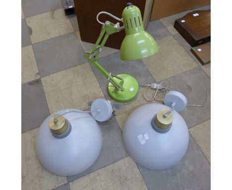 Two industrial style ceiling lights and an anglepoise lamp 