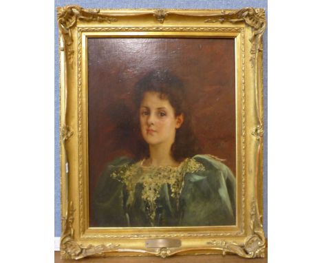 Pierre Andre Brouillet (French 1857-1914), portrait of a lady, oil on board, 40 x 31cms, framed 