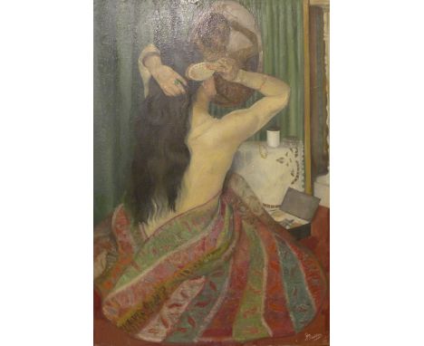 G. Bisson (French School), portrait of a lady dressing, oil on canvas, 92 x 65cms, unframed 